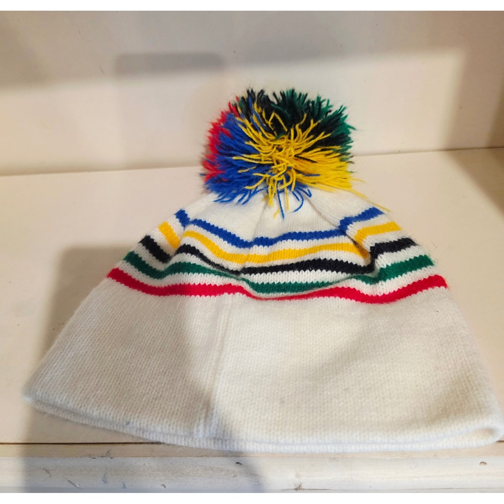 Clutch USA Olympic Beanie Mens OS White Acrylic Vintage Striped Pom Knit Hat